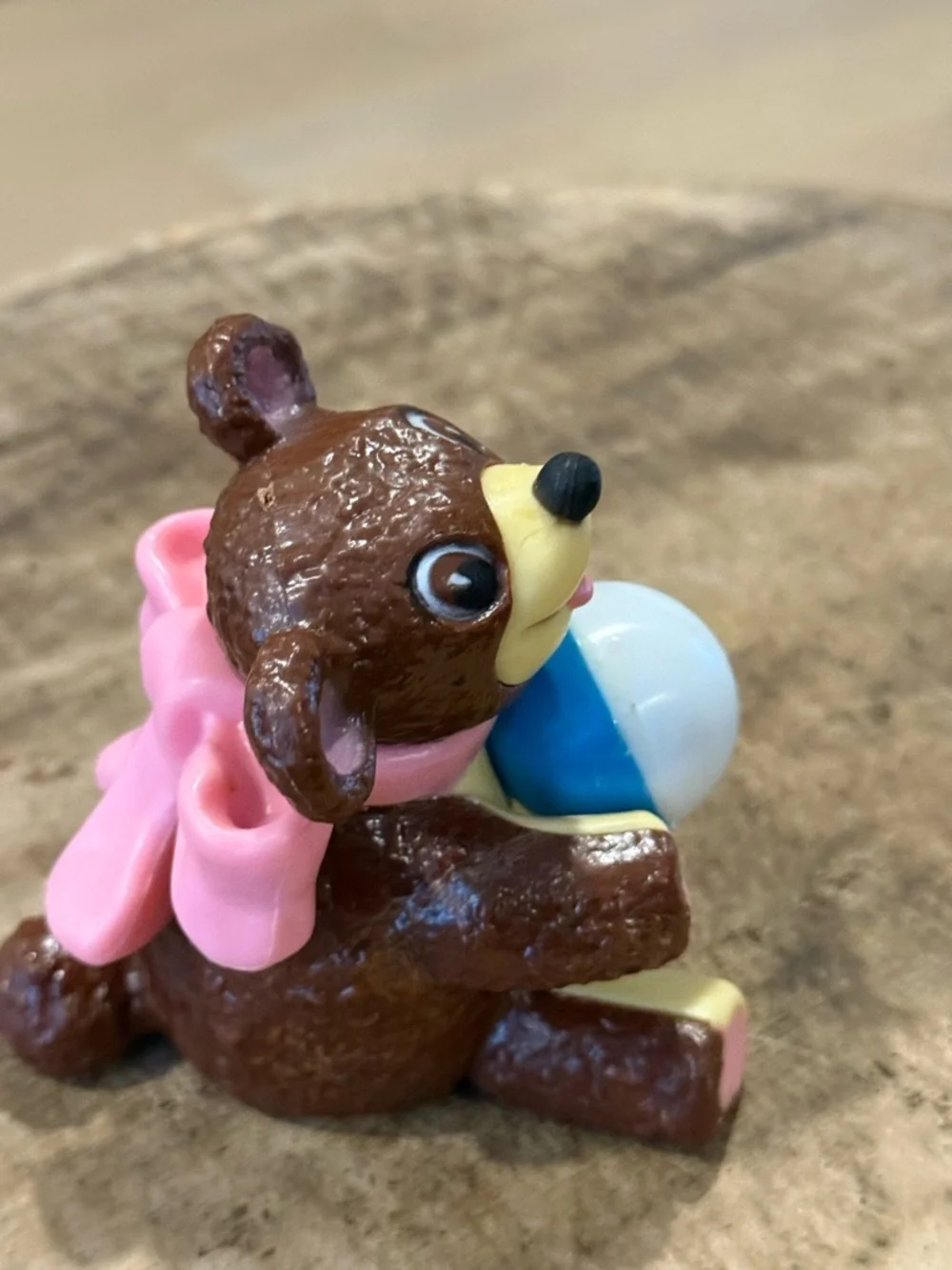 Vintage Brown and Pink Bear Toy Figure with Ball Cake Topper